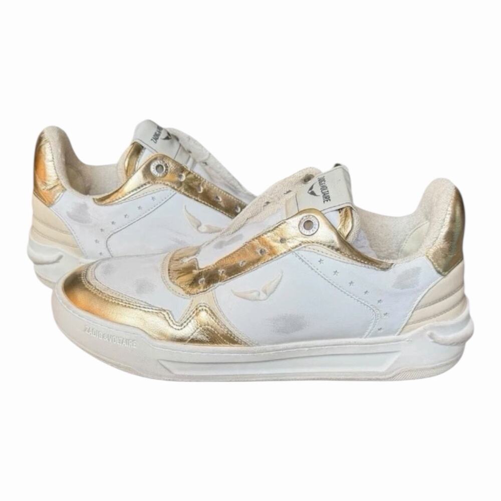 Zadig & Voltaire Wings Flash Vintage Metal Used Sneakers Size 38 White Gold NIB - Picture 6 of 16